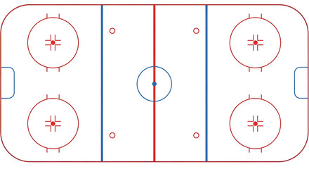 Top view of a professional ice hockey rink layout showing red and blue lines face-off circles and goal creases