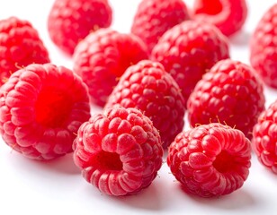 Close-up of vibrant red, ripe berries artfully arranged on a white surface, showcasing their textured surfaces