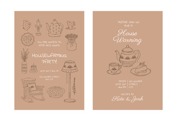 Vintage housewarming party invitation set with cozy hand drawn fireplace, rocking chair, tea set, cake, home decor elements. Retro line art vector invite sedign collection. Rustic templates.