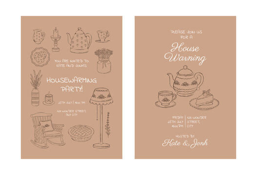 Vintage housewarming party invitation set with cozy hand drawn fireplace, rocking chair, tea set, cake, home decor elements. Retro line art vector invite sedign collection. Rustic templates.