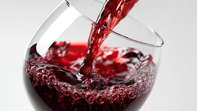 Red Wine Being Poured into a Glass Creating Bubbles.