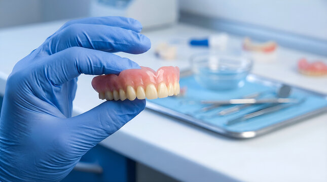 Dentist holding full denture with dental tools in modern clinic setting