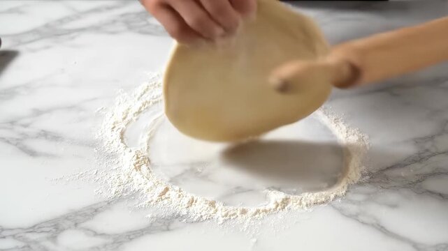 Close up of hands using a wooden rolling pin to flatten fresh dough on a marble countertop for homemade baking concept and culinary preparation