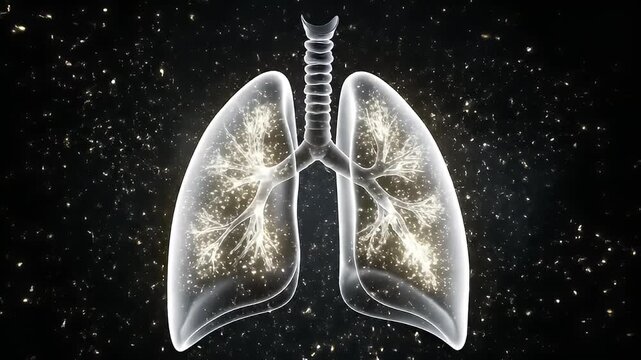 Abstract visualization of lungs with glowing particles and smoke, representing health