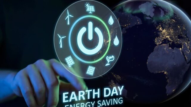 Green tech solutions glowing power icon earth energy saving renewable power with hand gesture hope care night city lights globe promoting energy