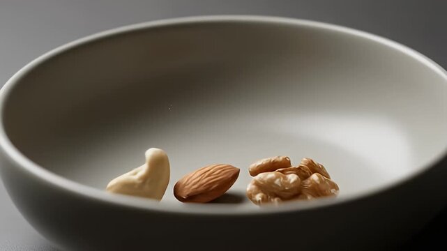 Almond nuts falling into a ceramic bowl against a dark background