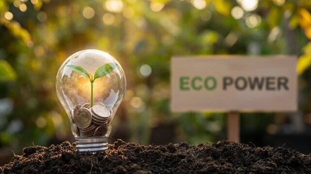 Green tech solutions inspire sustainable energy growth as seedling lightbulb with coins sprouts from soil glowing warm sunrise green tech solutions