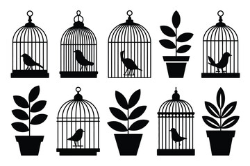 Fototapeta premium Bird cage silhouette vector illustration with potted plant icons