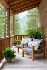 Fototapeta premium Wooden balcony with armchairs overlooking mountain forest
