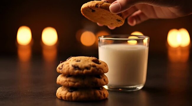 Hand Taking Chocolate Chip Cookie to Dunk in Milk with Warm Lights