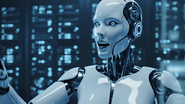 Human-like robot with bright blue eyes and metallic neck details, against blurred lights