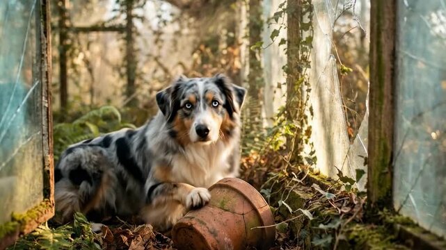 australian blue shepherd. A curious dog with a striking coat investigates a clay pot inside a rustic greenhouse, surrounded by autumn leaves and greenery filtering soft sunlight