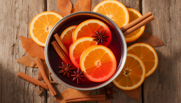 Warm Mulled Wine With Orange Slices, Cinnamon Sticks, And Spices In A Rustic Setting On Wooden Table