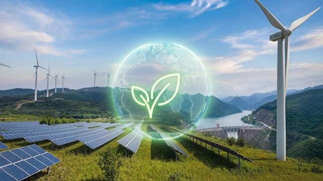 Green tech solutions drive renewable energy transition wind turbine and solar panel landscape powering sustainable clean energy with hydroelectric