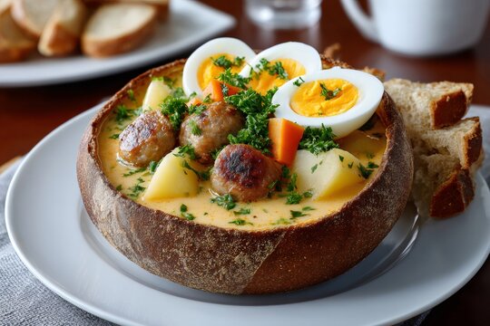 Zurek sour rye soup in bread bowl with meatballs