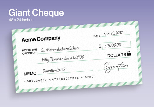 Giant Blank Check Template for Charity Donation Ceremony Presentation Cheque, Big Check for Prize Money