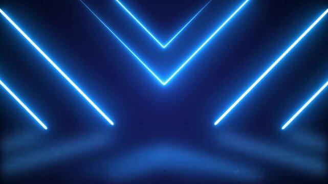 Abstract blue background with neon light lines forming a V shape perspective in a futuristic corridor concept.