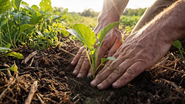 Green tech solutions nurture young seedling fertile soil sunrise hands planting with care for sustainable farming agriculture plant hands planting