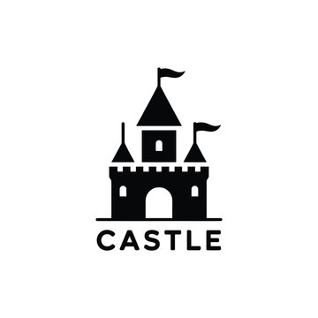 A simple black and white illustration of a castle with towers and flags.
