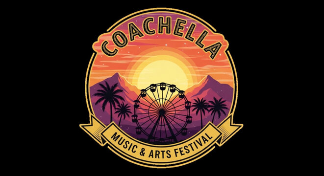 Coachella music festival logo with ferris wheel and palm trees at sunset