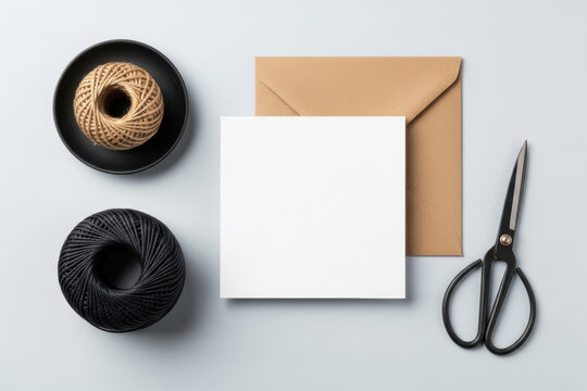 Flat lay of blank white square card with kraft envelope, scissors, twine and black thread spool on light gray background