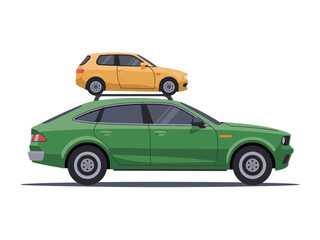 Fototapeta premium A green car carrying a smaller orange car on its roof in a simple illustration.