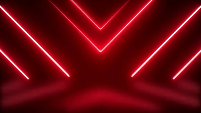 Abstract red background with neon light lines creating a V shape perspective on a dark reflective floor.