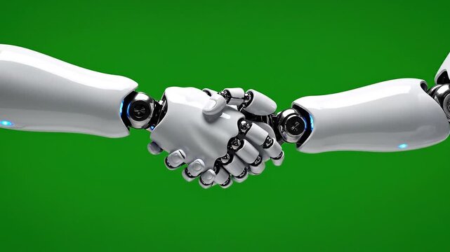 Two Futuristic White Robotic Arms Shaking Hands on Green Screen