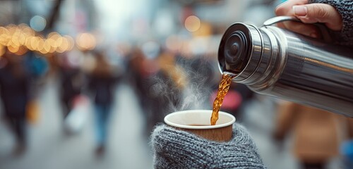 Close-up of hot coffee being poured from a thermos into a paper cup on a cold winter day.