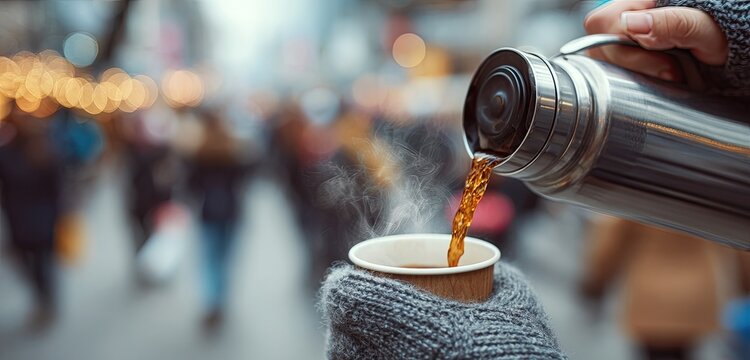 Close-up of hot coffee being poured from a thermos into a paper cup on a cold winter day.