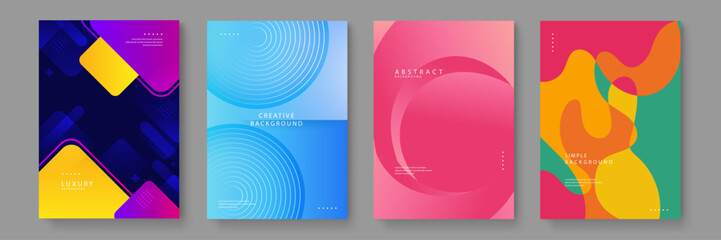 A diverse set of four abstract posters featuring bold geometric shapes, wavy lines, and colorful organic forms