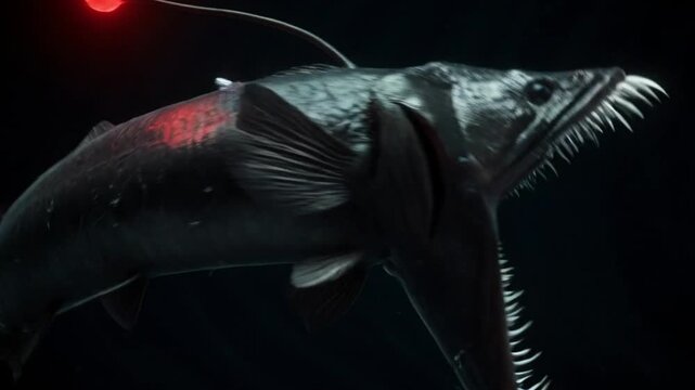 Cinematic 3D Animation of a Scary Deep Sea Anglerfish with Glowing Red Lure: Predatory Marine Life Swimming in Dark Underwater Abyss for Science, Nature, and Horror Fantasy Projects