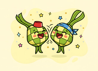 Fototapeta premium A cute and playful hand-drawn vector illustration of a pair of smiling ketupats. Cartoon style with bold outlines and bright festive colors. Includes sparkles and small stars around the objects, light