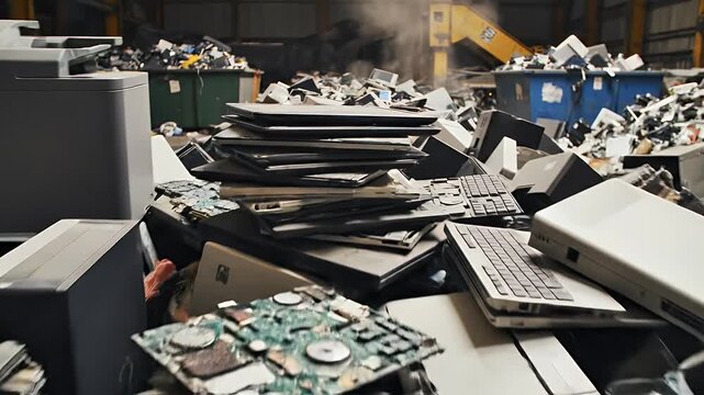 Piles of discarded electronics and wires fill an industrial recycling facility