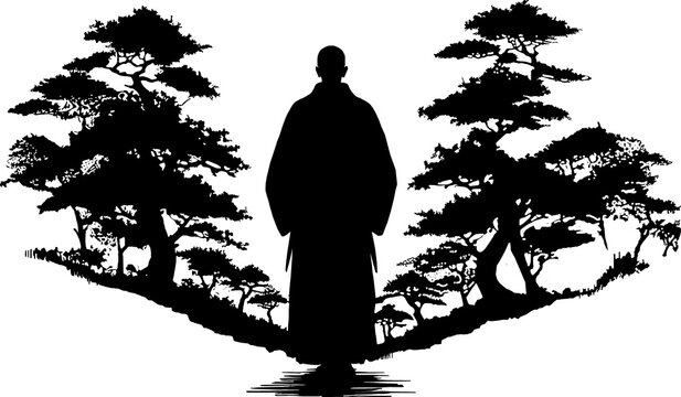 Un moine entour&eacute; d'arbre dans un style graphique sur fond blanc.