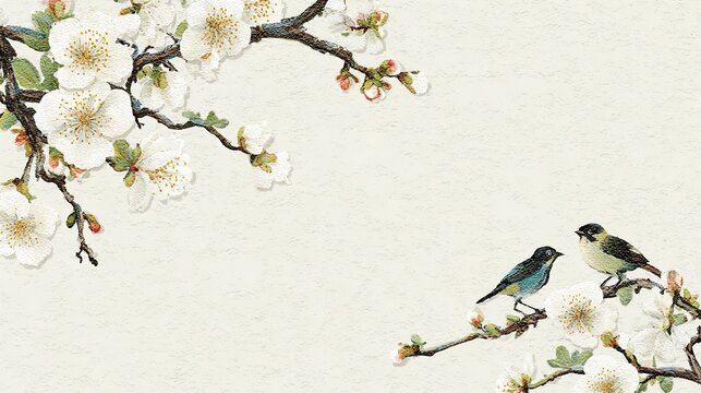 Two small birds perched on a blooming cherry blossom branch