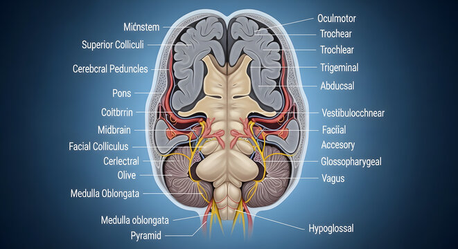 Human brain anatomy illustration showing different parts with labels for medical and educational purposes