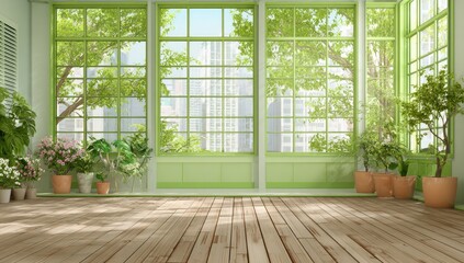 Fototapeta premium Bright sunroom with large windows, lush plants, and a wooden floor