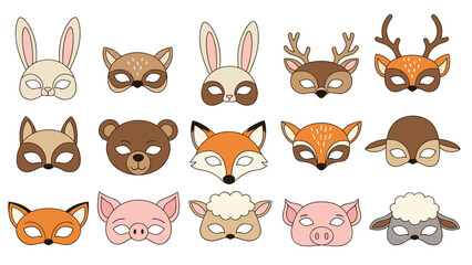 Naklejka premium Collection of various cute cartoon animal face masks including rabbit, deer, bear, fox, pig, and sheep for parties and dress-up.