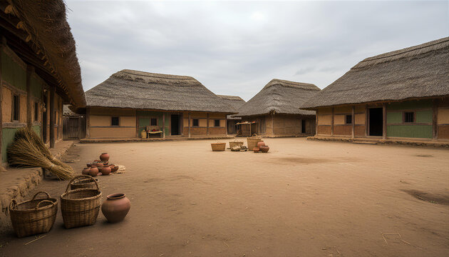 Empty Traditional Korean Folk Village Houses Under Cloudy Sky