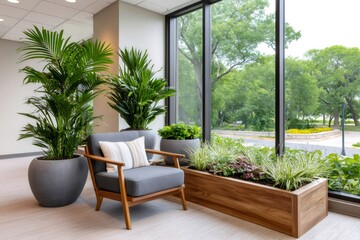 Modern interior design combining plants and comfortable seating