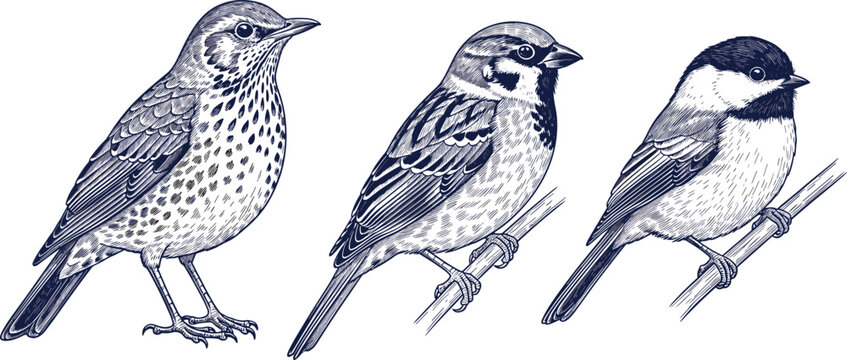 Set of Small Songbirds Vintage Engraving Style Illustrations