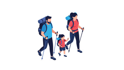 Obraz premium Happy family of three, a father, mother, and child, enjoying a hiking adventure with backpacks and trekking poles on a nature trail.