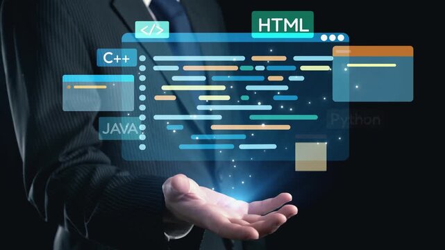 A professional businessman stands confidently, showcasing a holographic display of programming languages, symbolizing modern technology and software development skills. Qubit