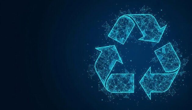 Environmental sustainability and global recycling concept with futuristic digital network symbol and polygonal arrows on blue.