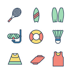 Collection of colorful summer sports and beach activity icons including tennis racket surfboard flippers snorkel lifebuoy shuttlecock cone float and tank top line art style © lei