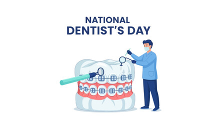 Obraz premium Illustration of a dentist examining teeth with a magnifying glass and toothbrush on National Dentist's Day, promoting oral health awareness and dental care celebration.