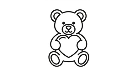 A cute teddy bear holding a heart, illustration, simple line art, isolated on a plain background, front view
