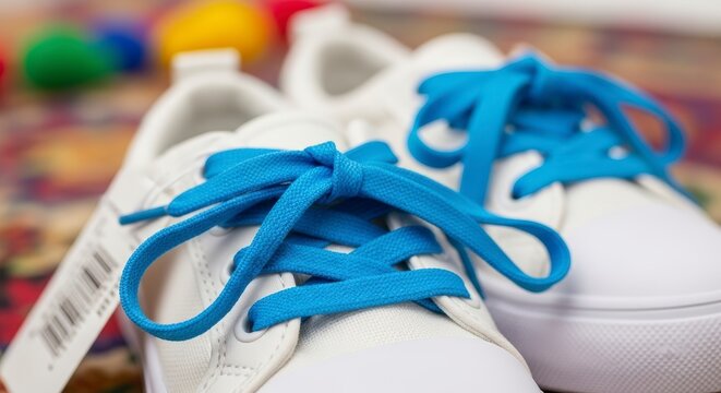 White Sneakers with Blue Laces Closeup.