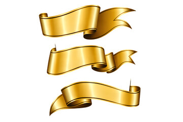 Set of three elegant golden metallic ribbons and banners with a shiny finish, isolated on a black background, perfect for awards or titles.